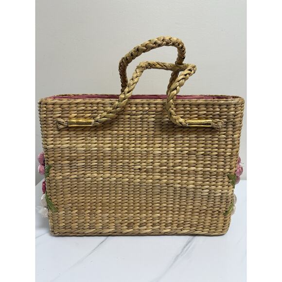 Mantessa Woven Straw Raffia Flower Tote Bag Pink White Boho Cottagecore - Picture 2 of 13